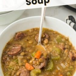 instant pot lentil sausage soup pin