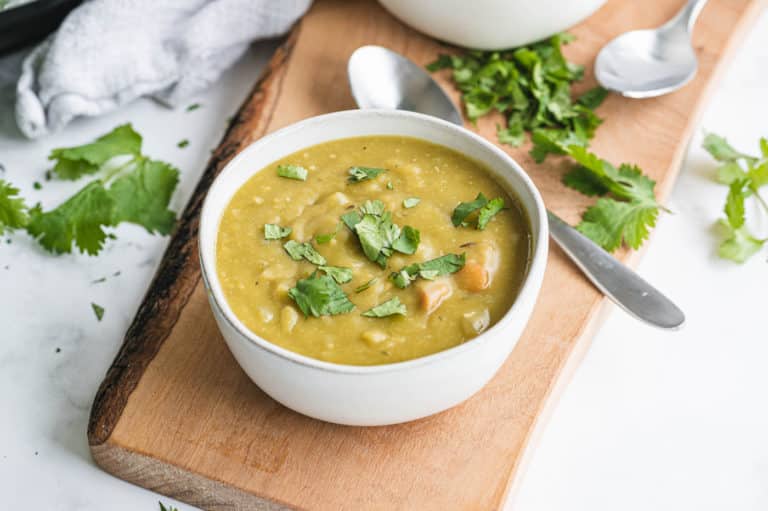bowl of instant pot split pea soup with ham.