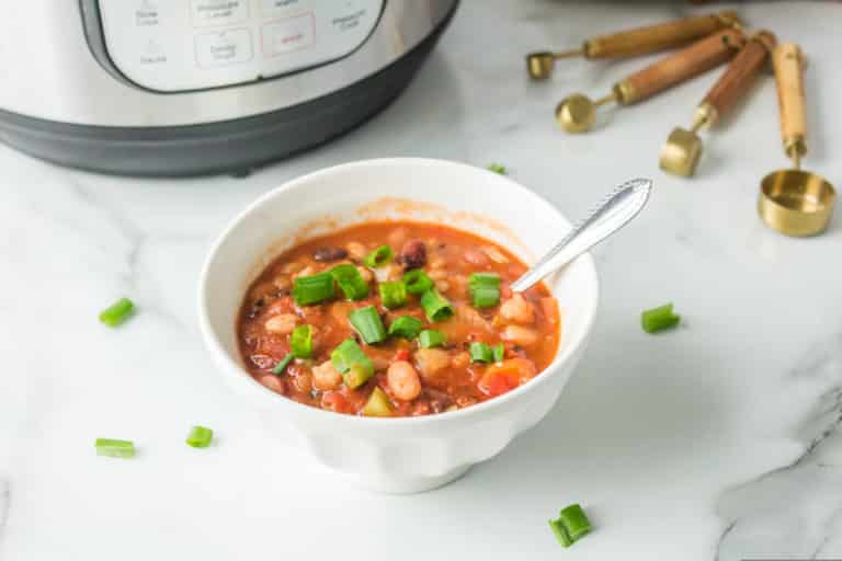 bowl of bean soup with a spoon