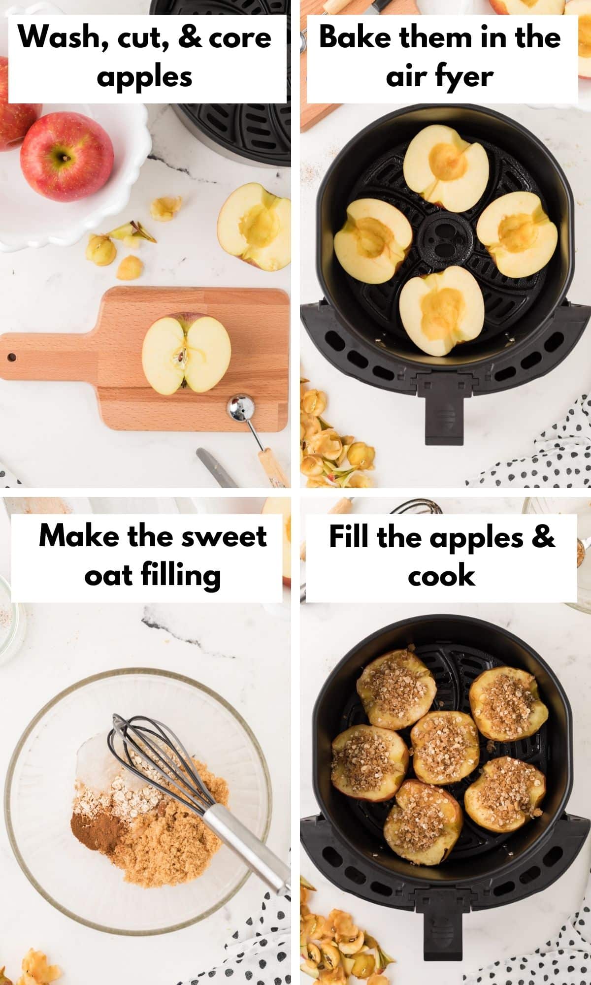 collage with steps on how to make air fryer baked apples with oats.