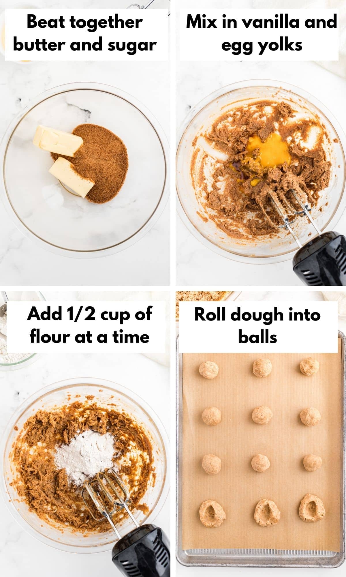 Pictures showing how to make thumbprint cookies.