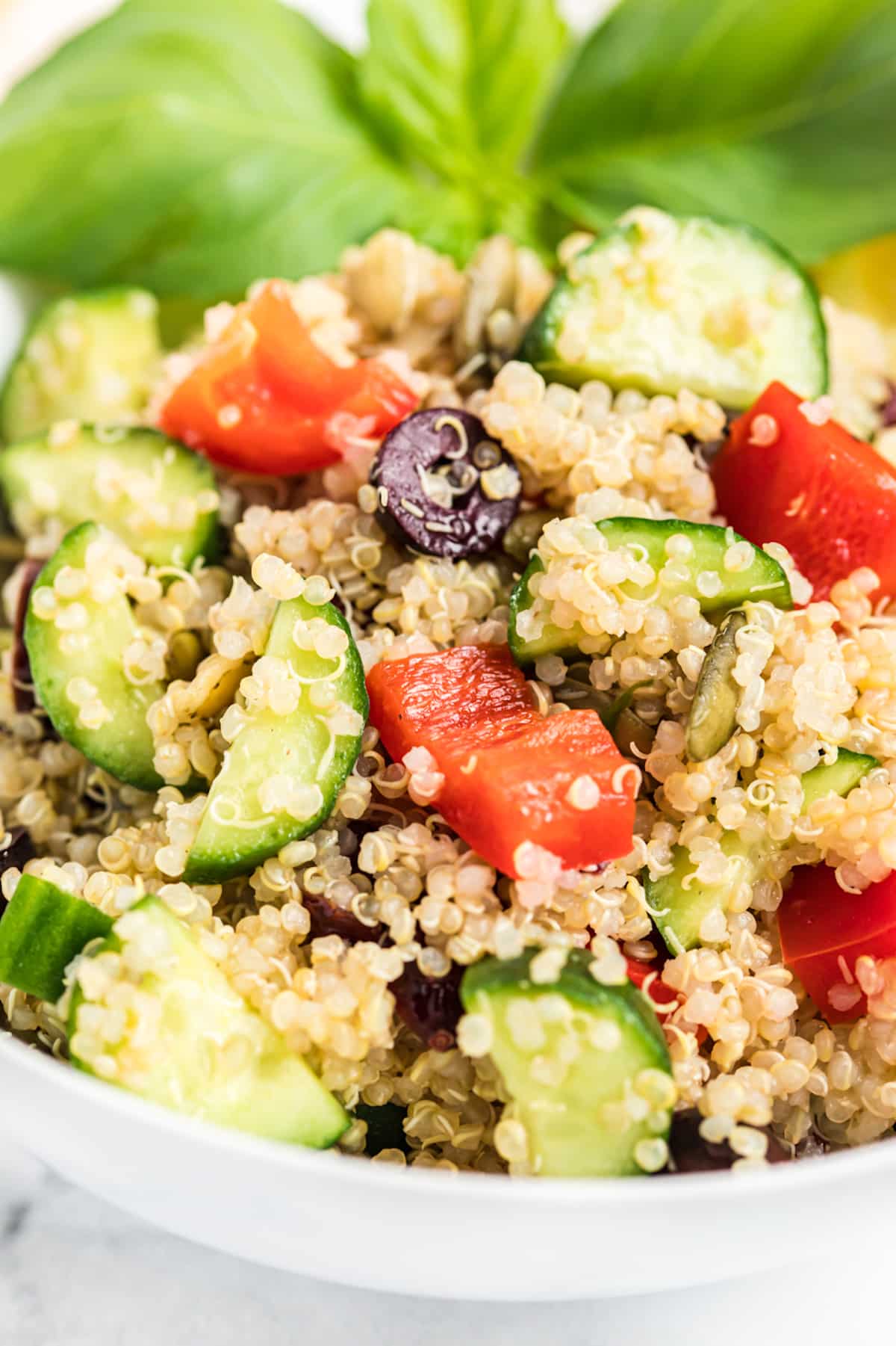 Close up of lemon vegetable quinoa salad.