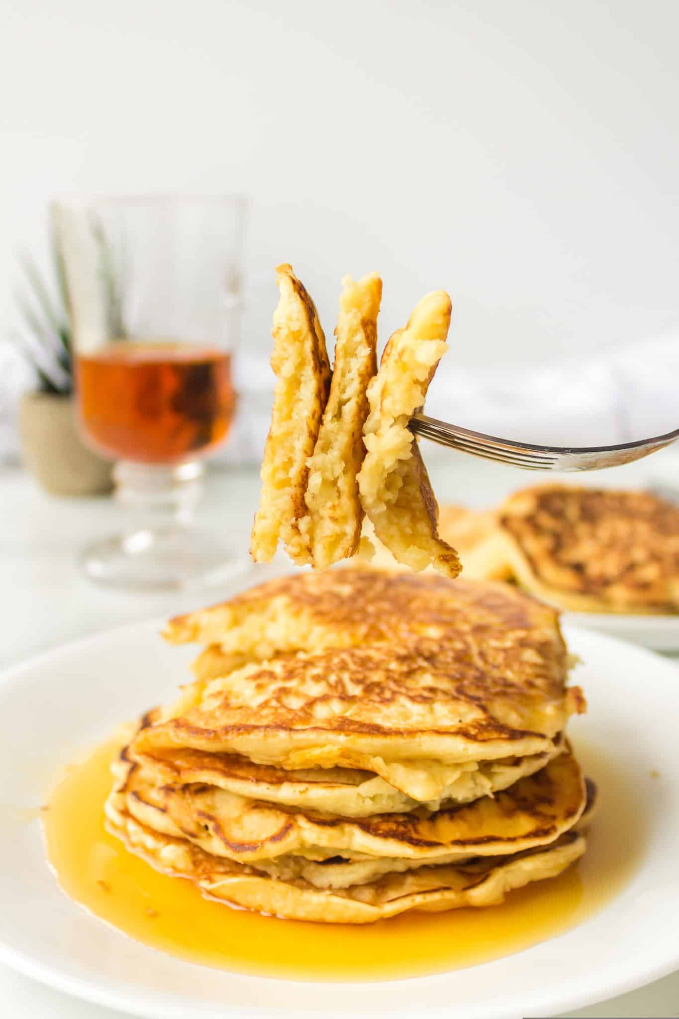 A forkful of coconut milk pancakes.