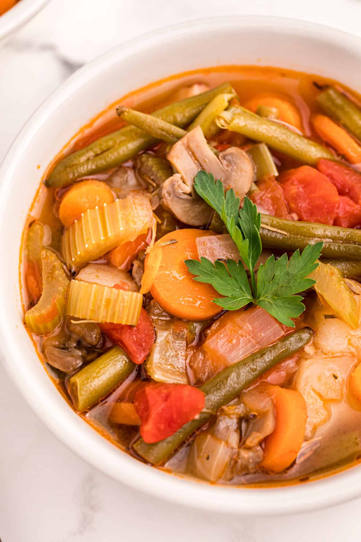 Close up of vegetable stew in a white bowl.
