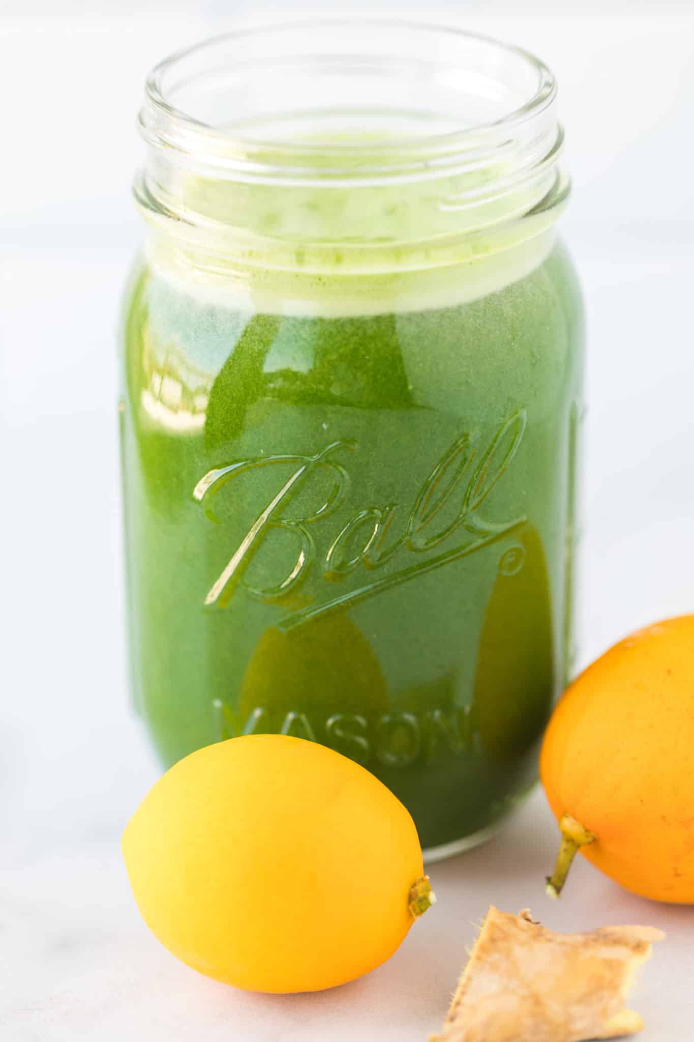 parsley juice served in a ball jar.