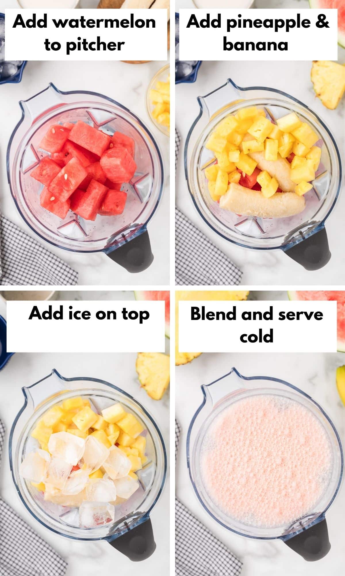 process photos for how to make this watermelon banana smoothie.