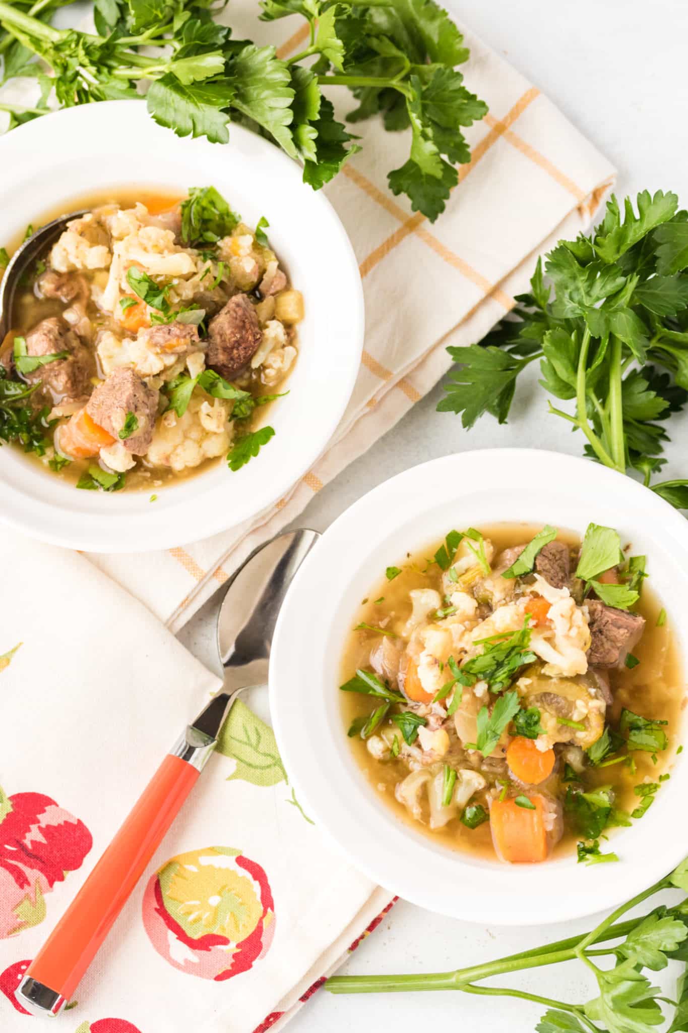 two bowls of venison vegetable stew served in white bowls.