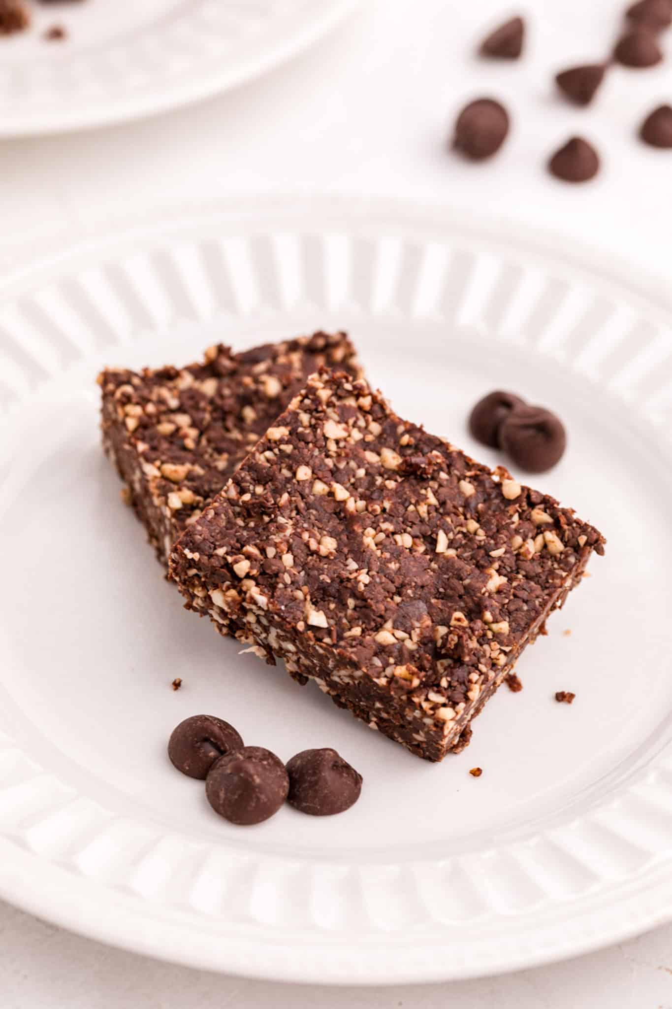 vegan no bake brownies on a plate.