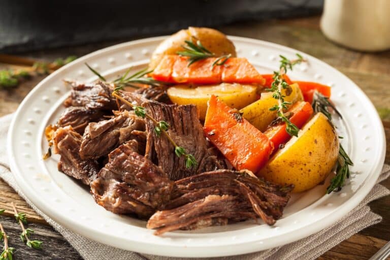 slow cooker tri tip roast on plate.