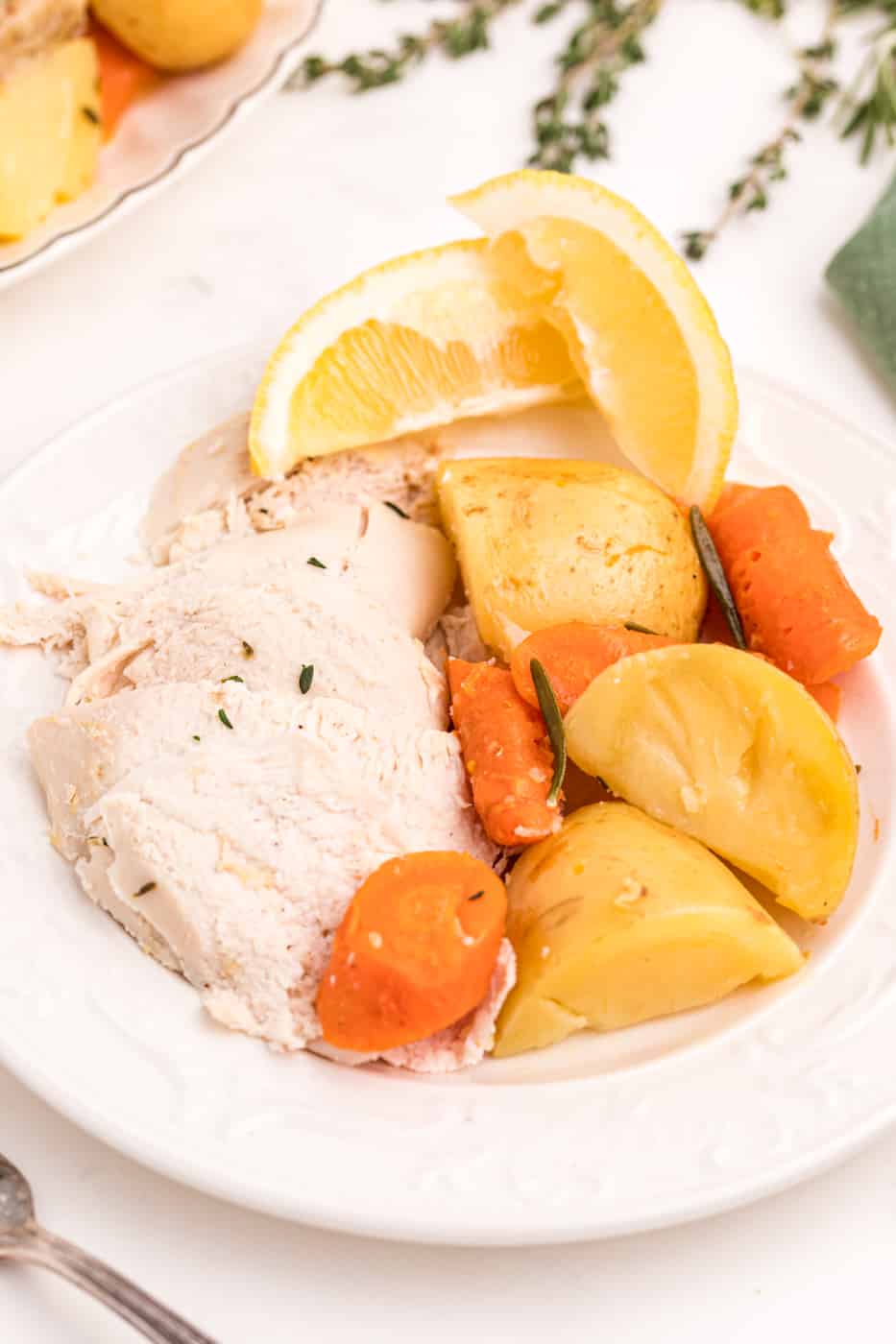 close up of cooked sliced chicken with vegetables.