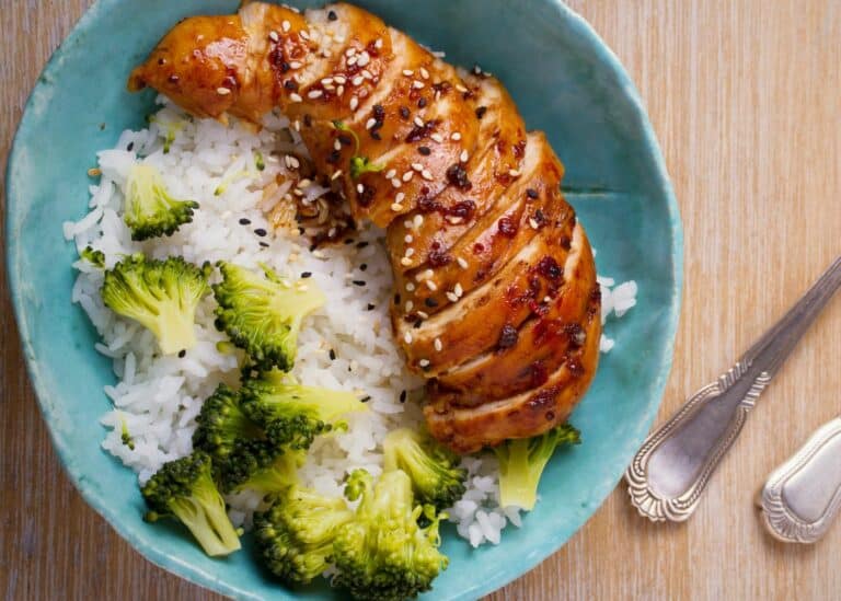 air fried teriyaki chicken in bowl.