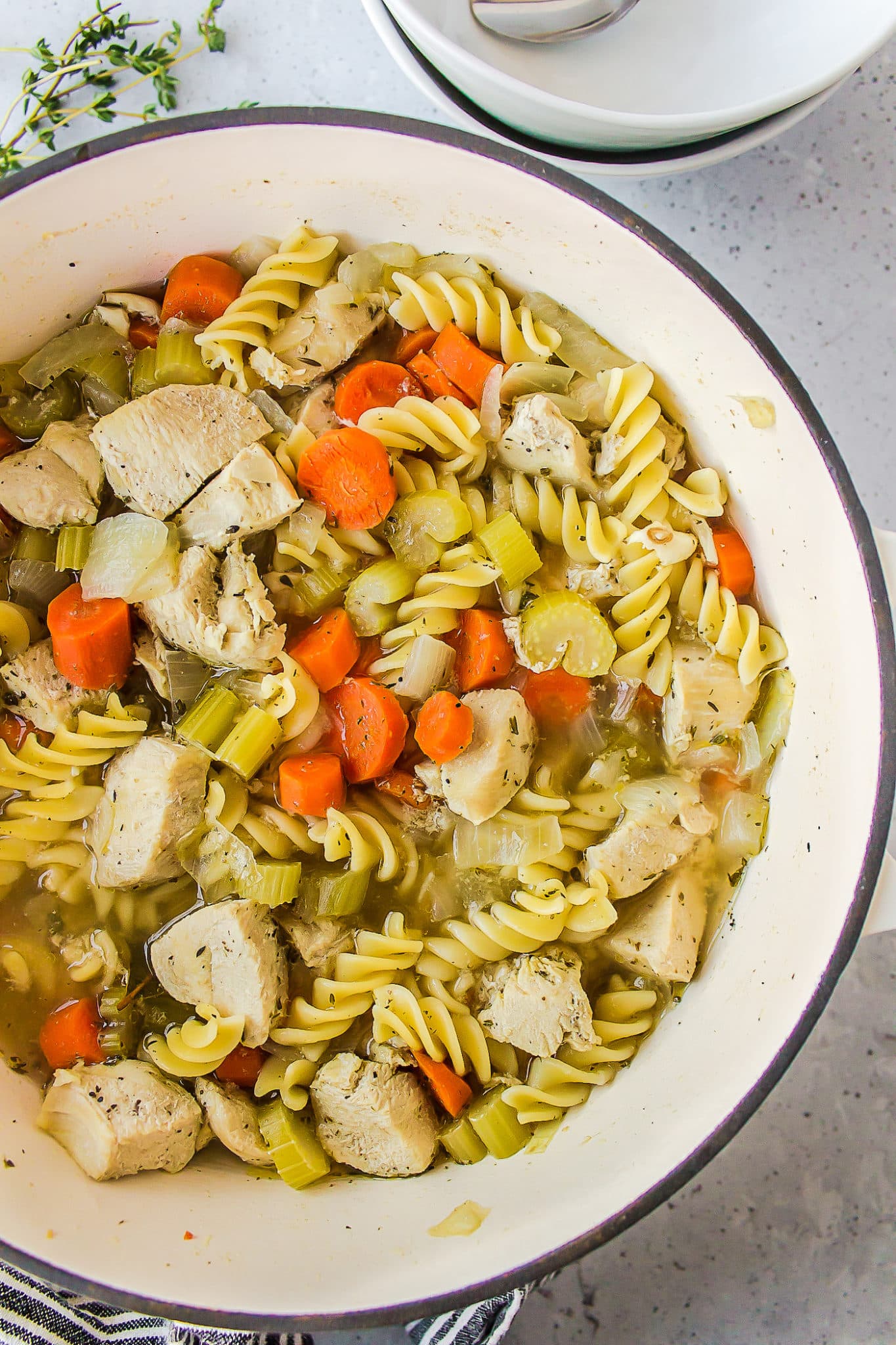copycat panera chicken noodle soup in pot.