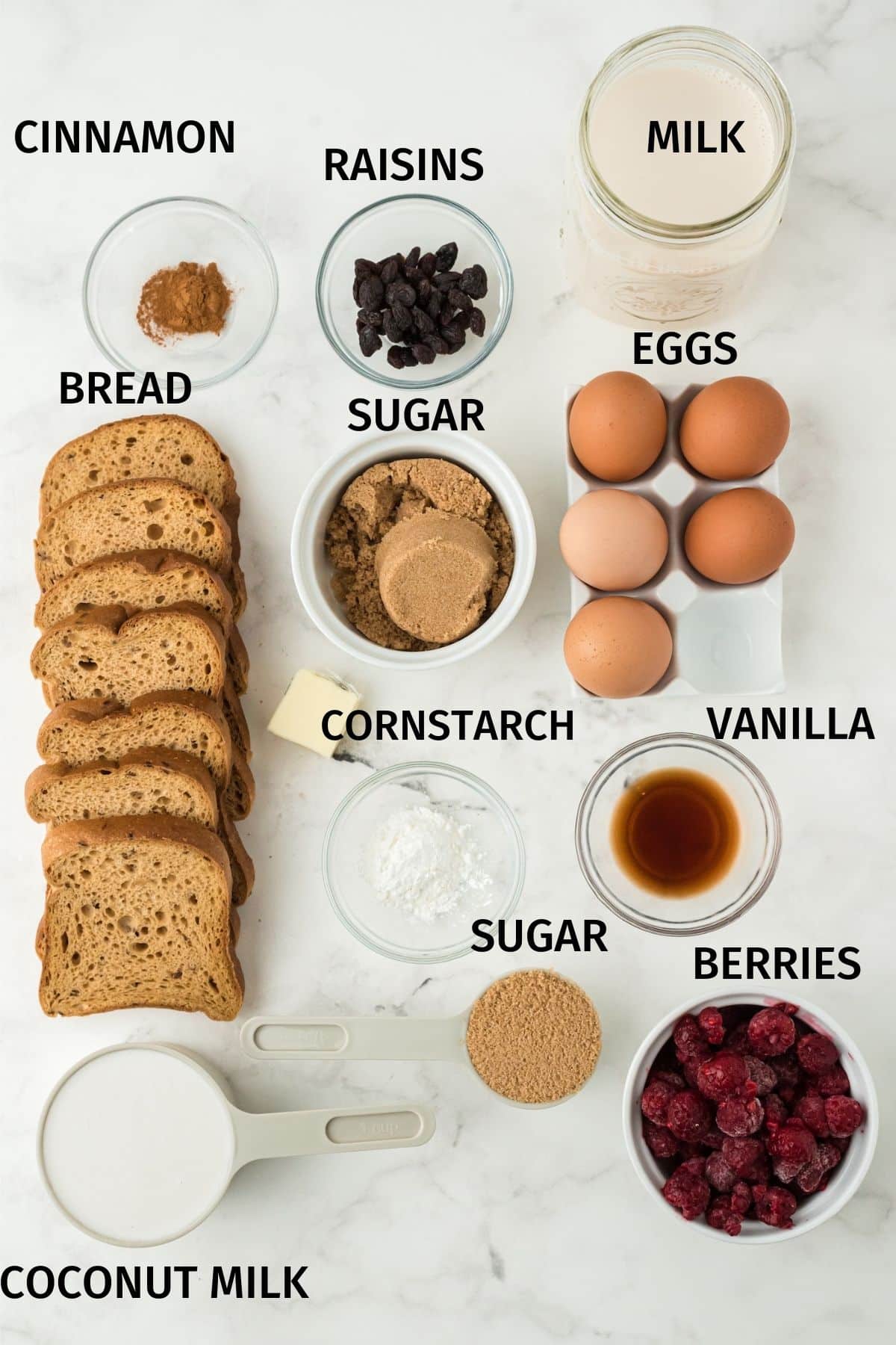 ingredients for bread pudding with labels.