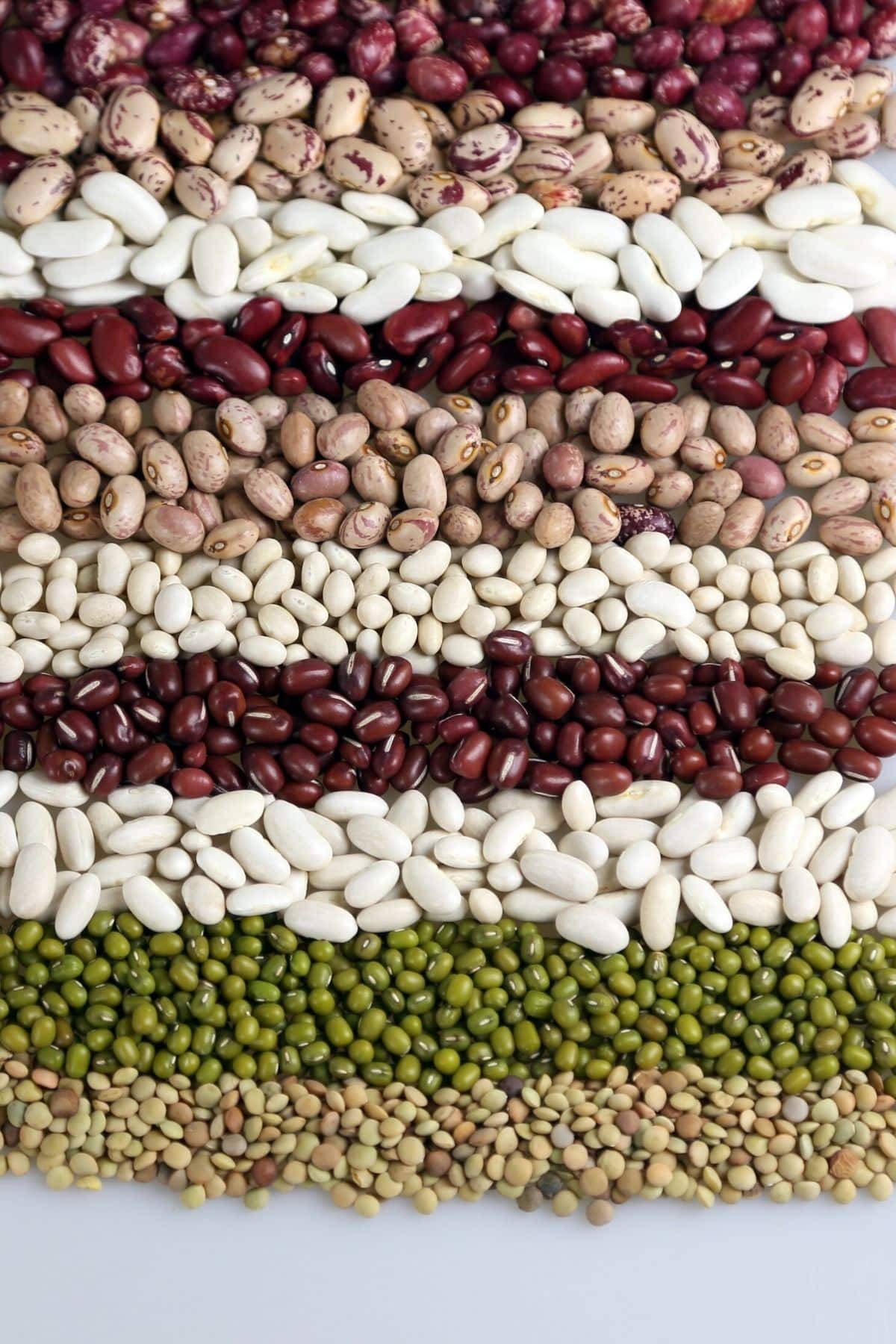 variety of dried beans and peas on a table.