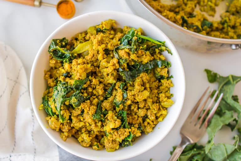 bison and cauliflower rice with kale.