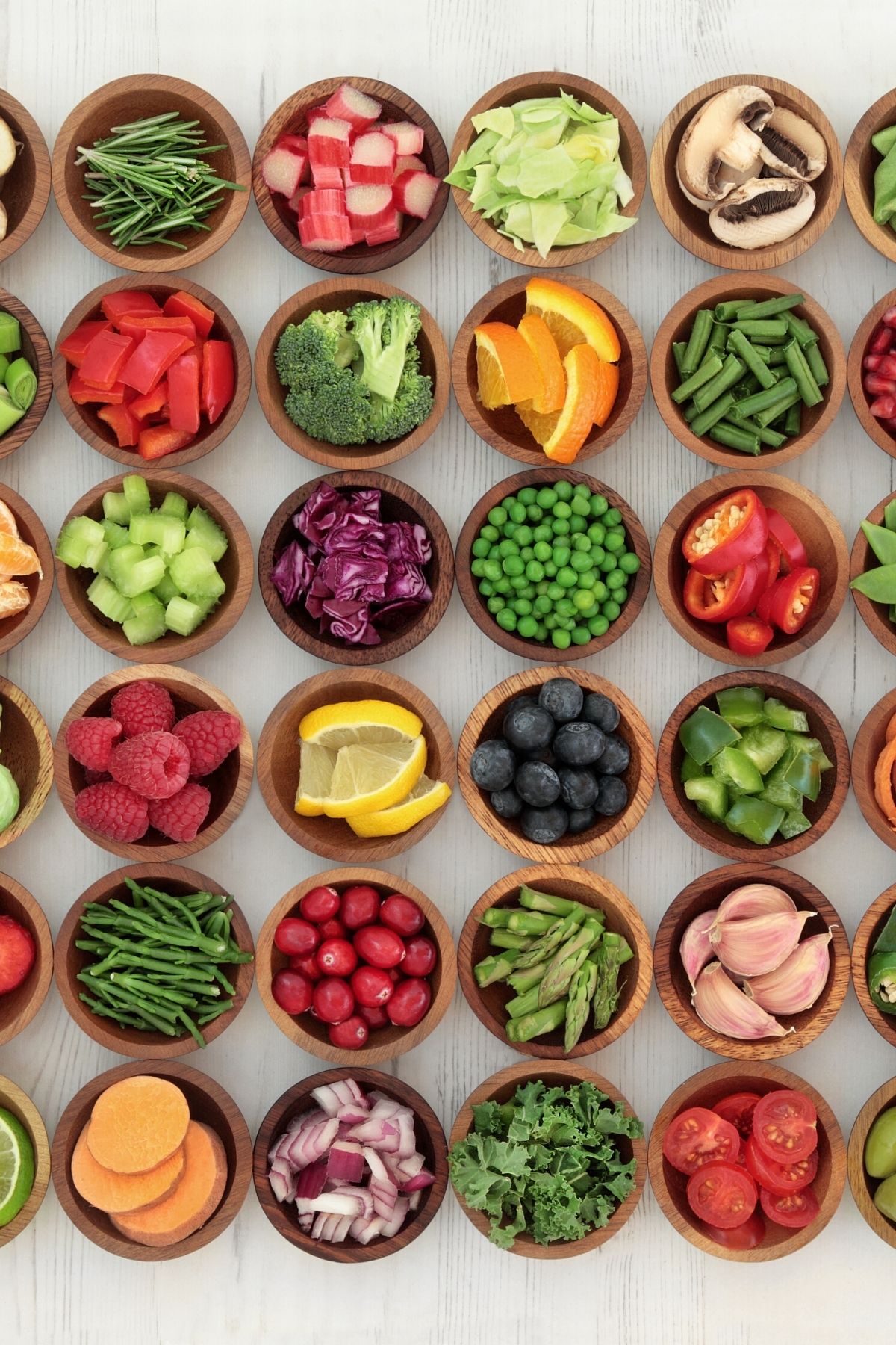 food chopped in small bowls.