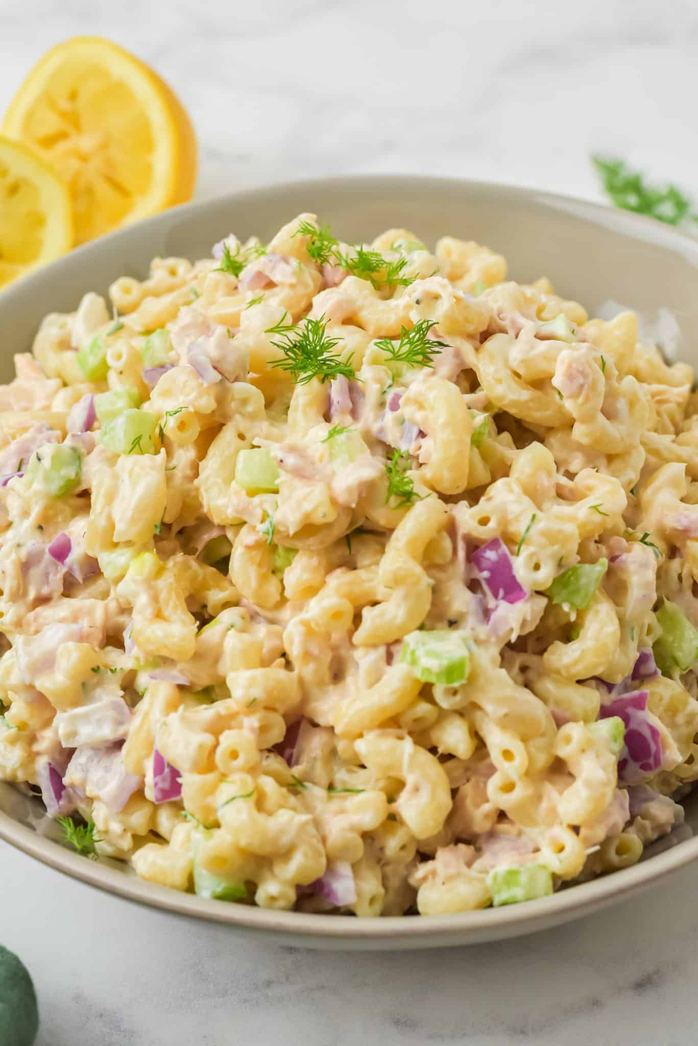 a bowl of gluten-free pasta salad with tuna.