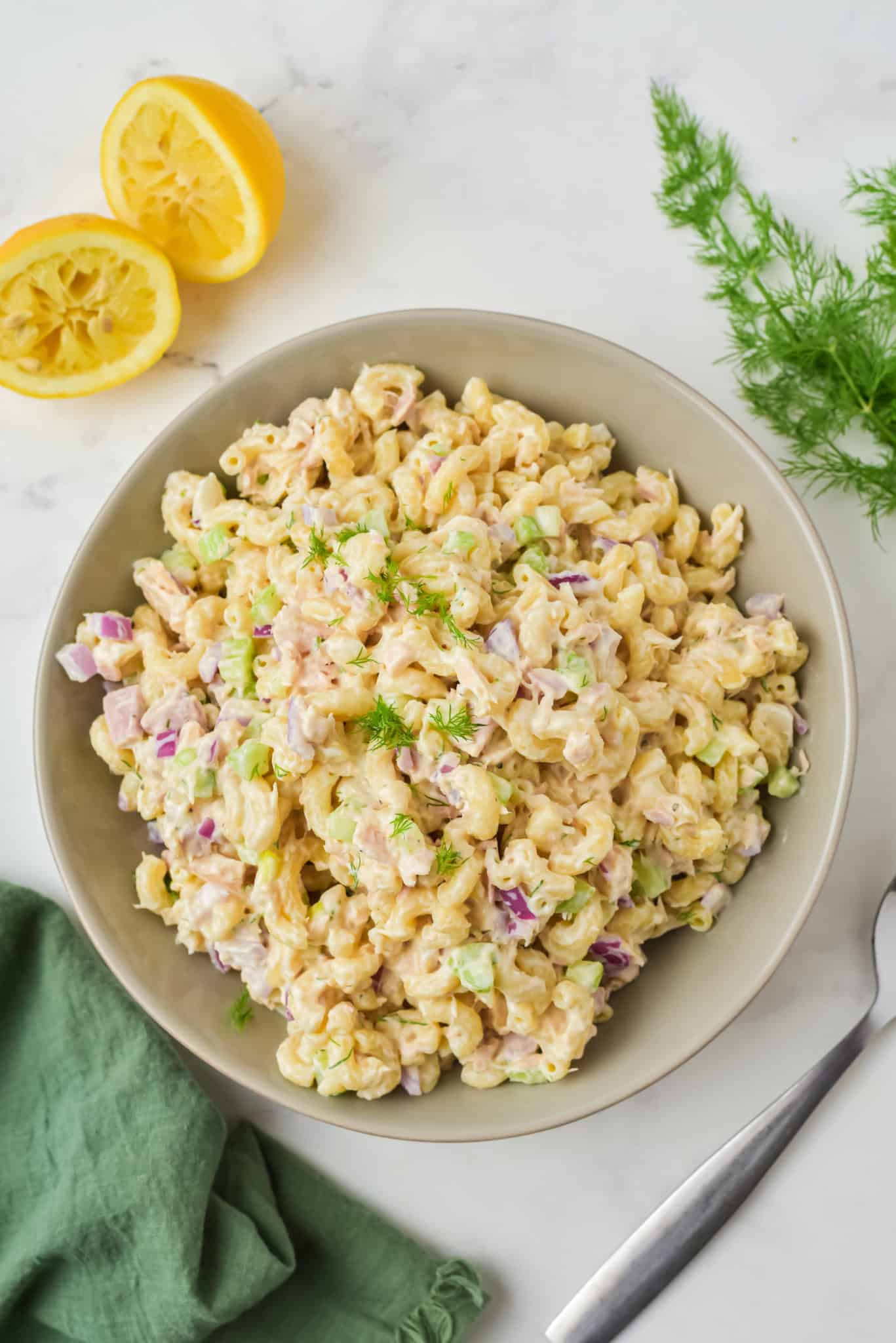big bowl of gluten-free and healthy tuna pasta salad.