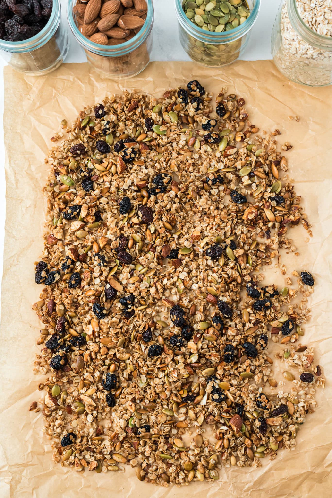 granola done baking on parchment paper.