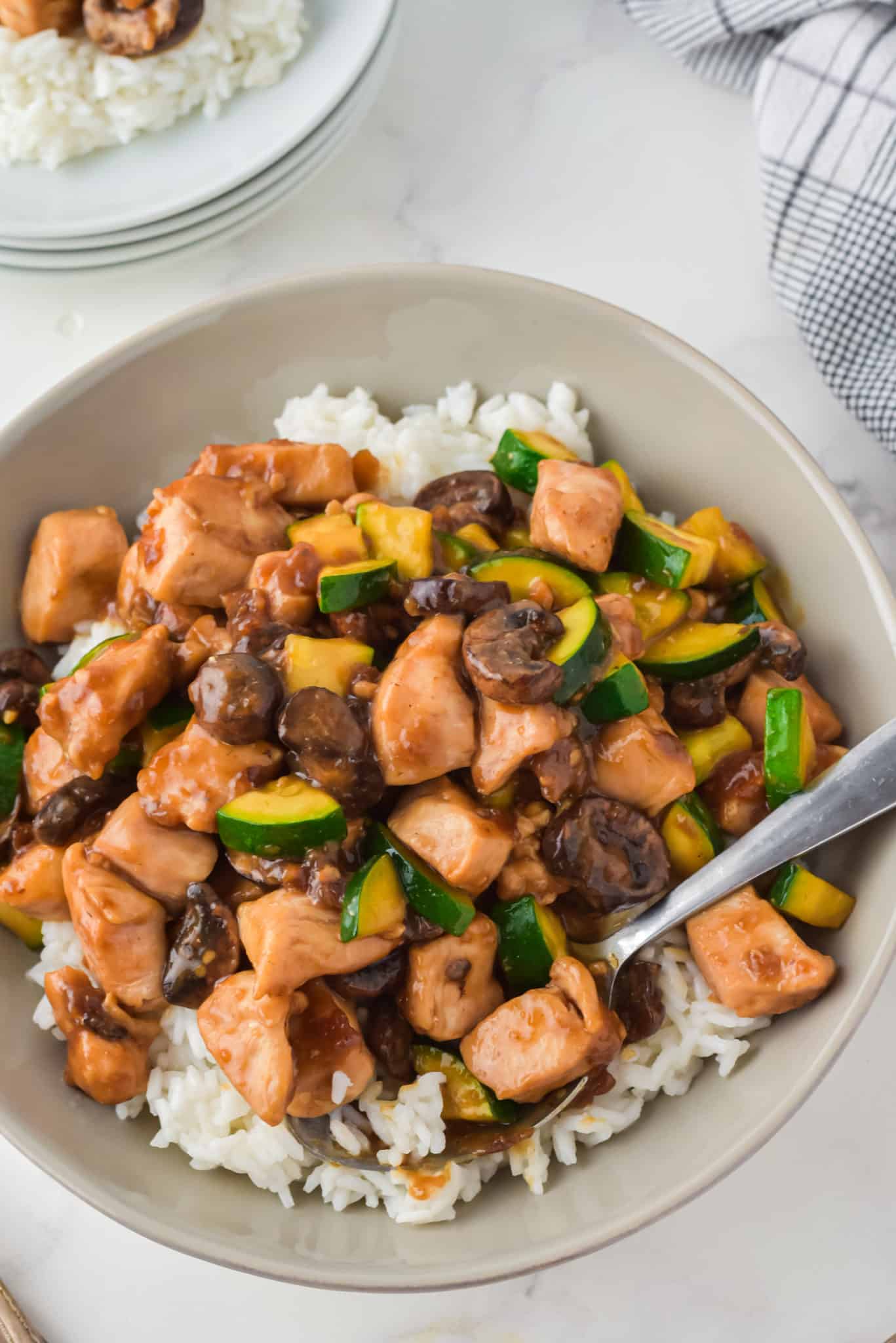 Top view of a spoon in a large serving bowl of mushroom chicken over white rice.