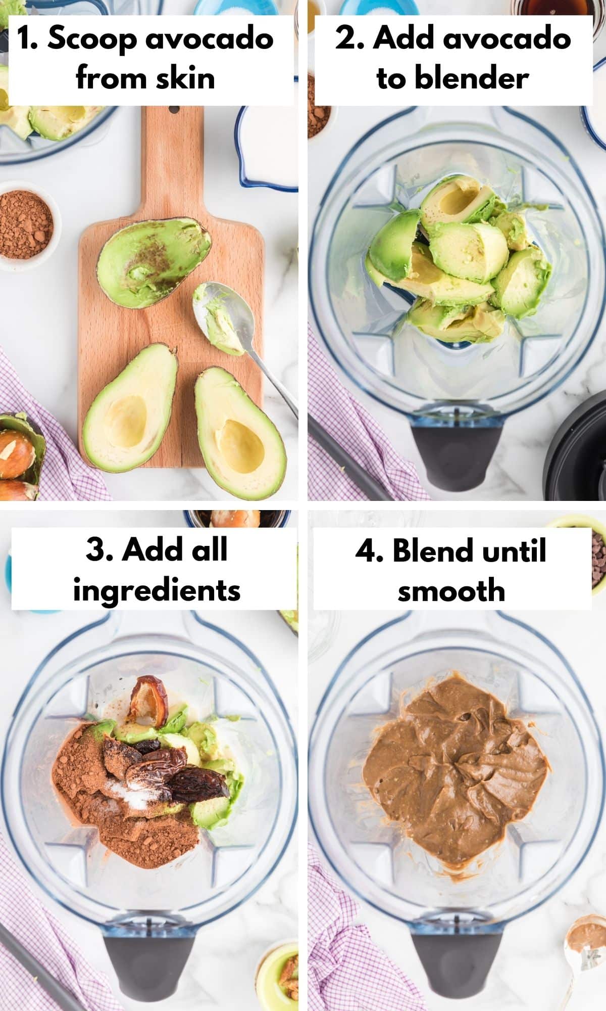 Process collage of avocado pudding instructions.