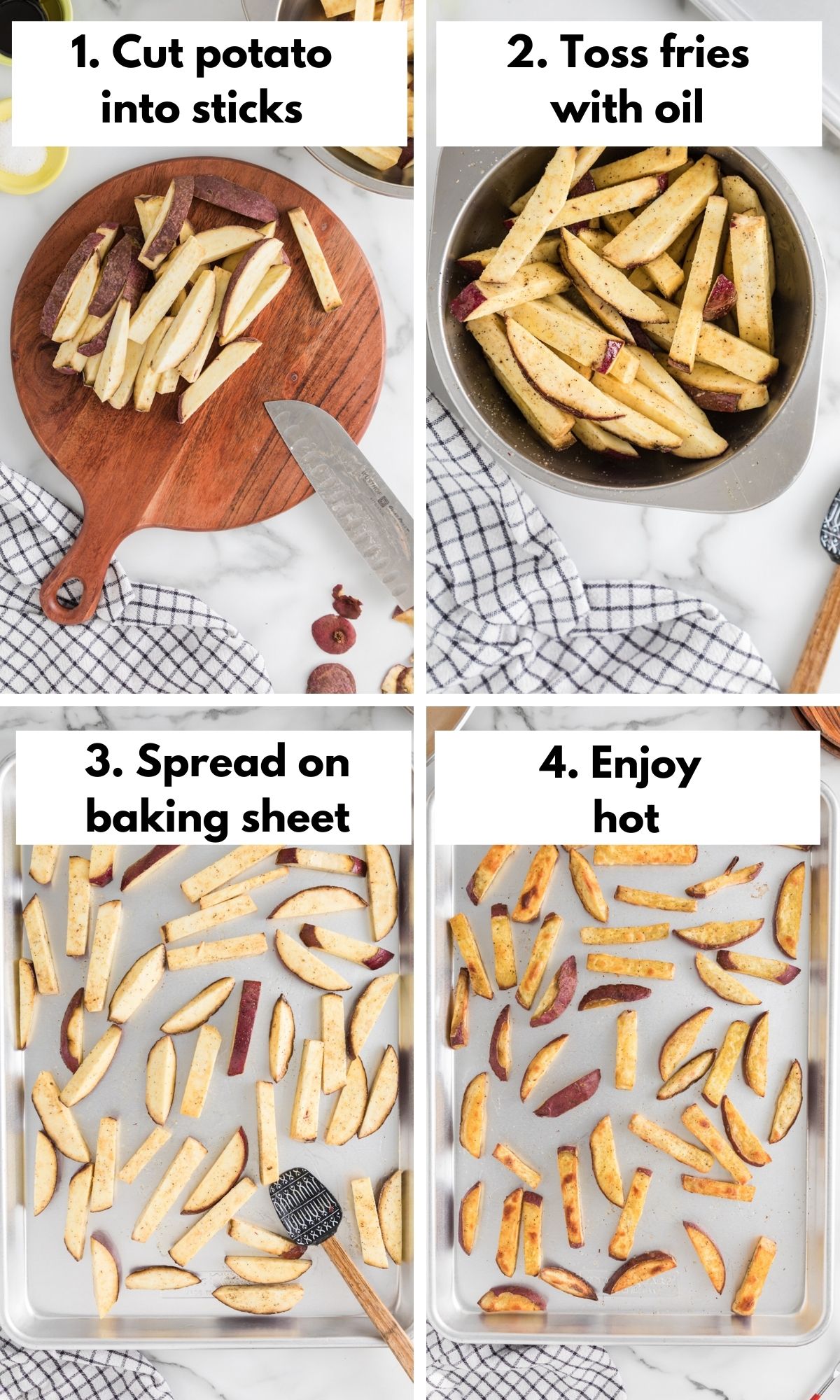 Process collage of prepping and cooking sweet potato fries.
