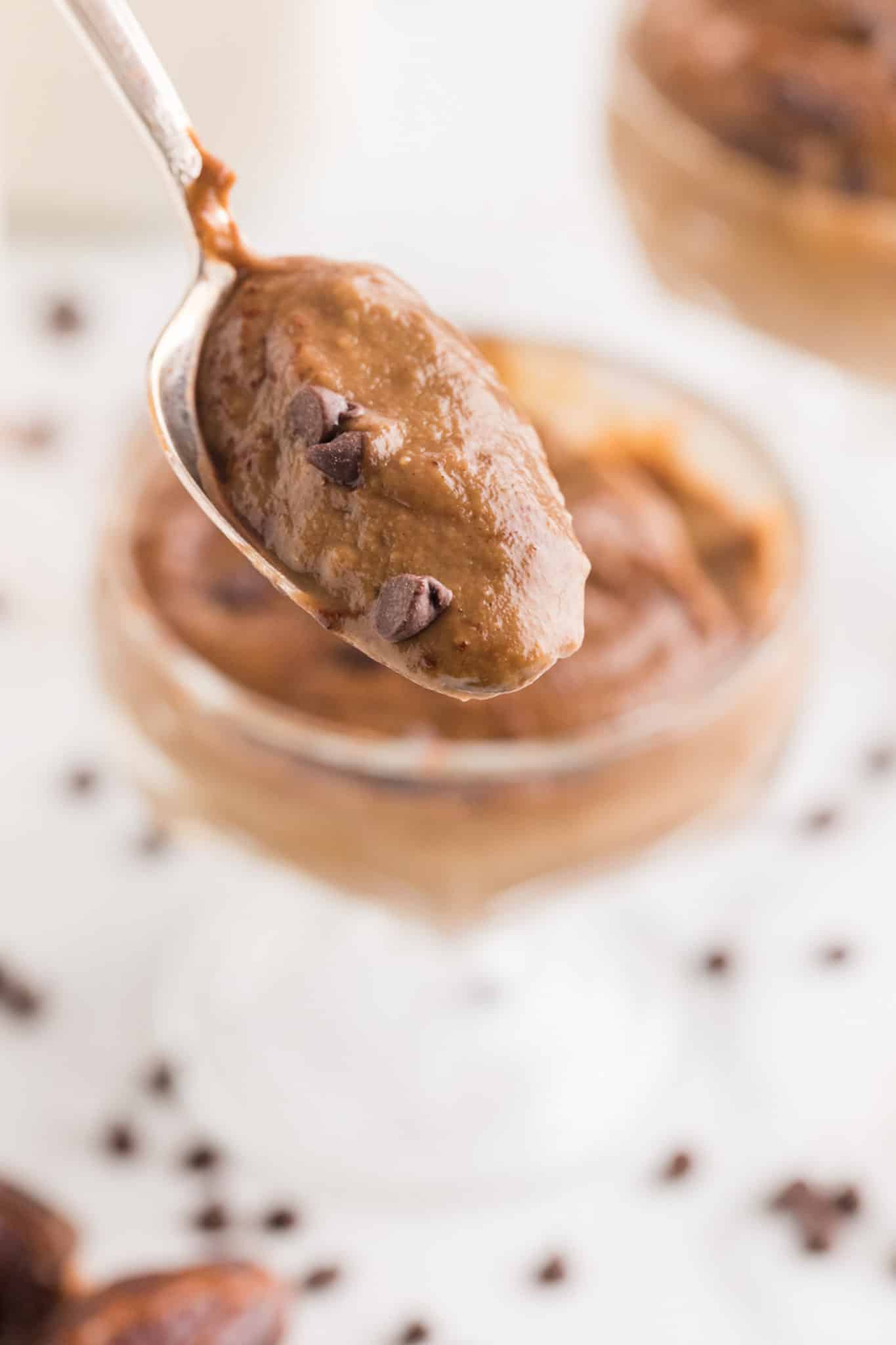 A spoon containing a bite of avocado chocolate pudding with chocolate chips.