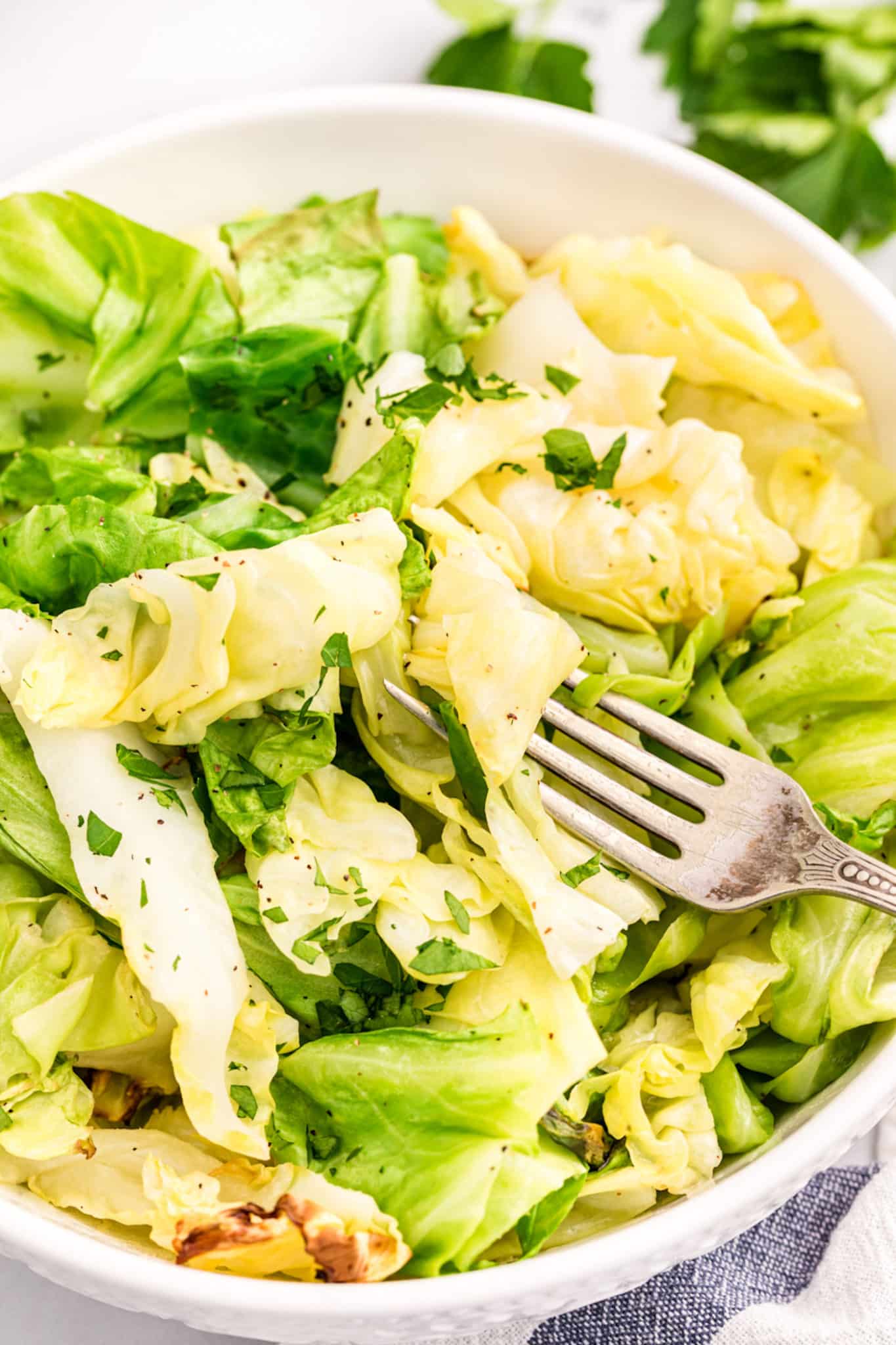 A fork in a white ceramic bowl of air fryer cabbage.