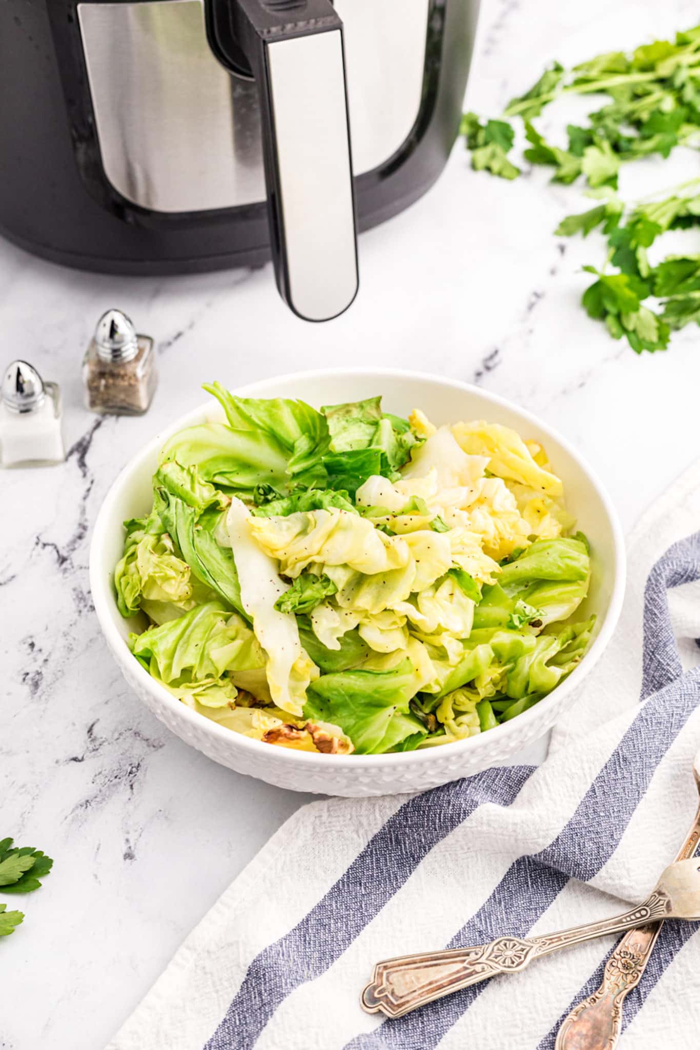 bowl of air fryer chopped cabbage on countertop.