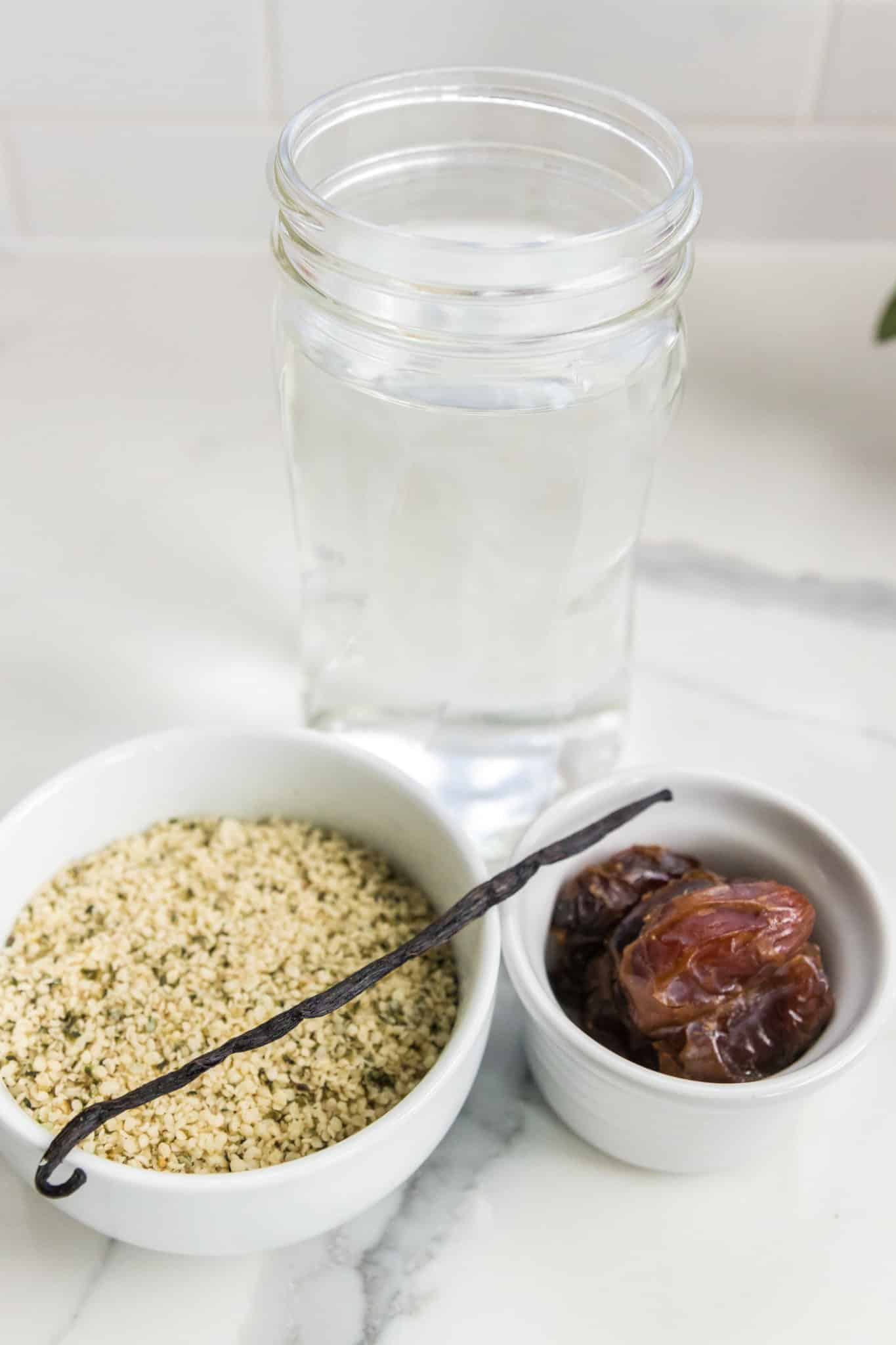 ingredients for making vanilla hemp milk on a countertop