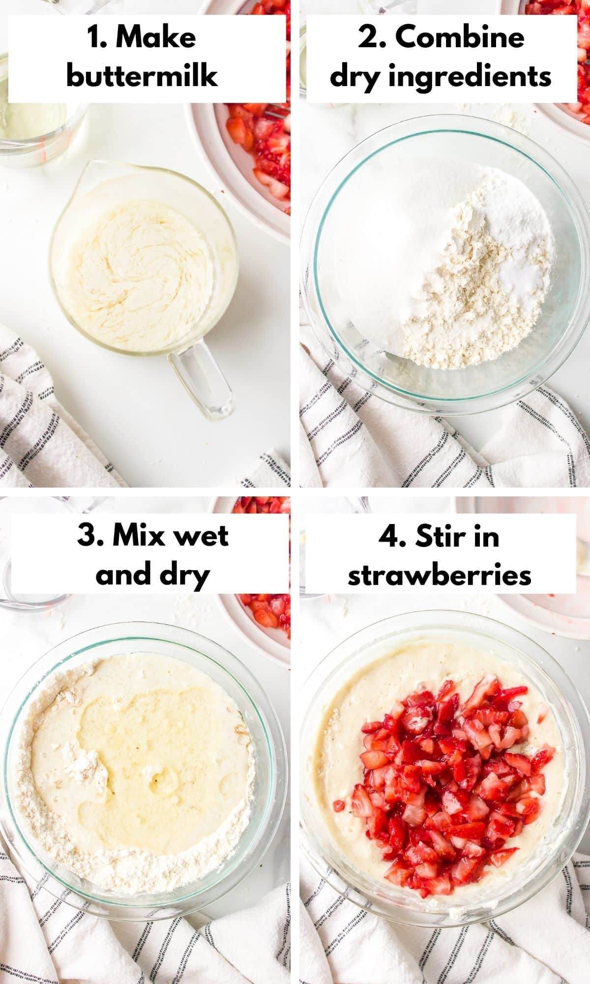 Process collage of mixing a batch of gluten-free strawberry muffins.
