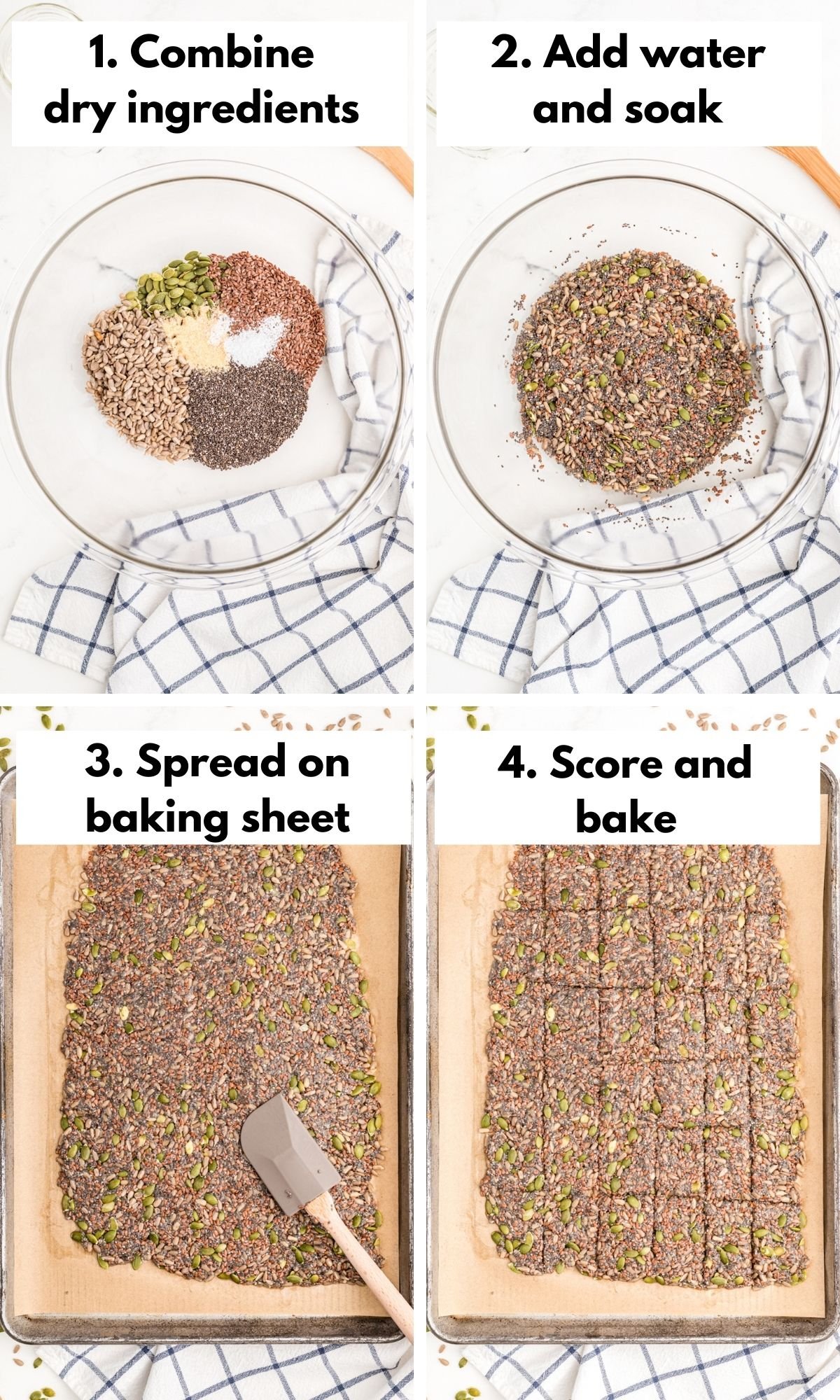 Process collage of mixing and baking a batch of seed crackers.