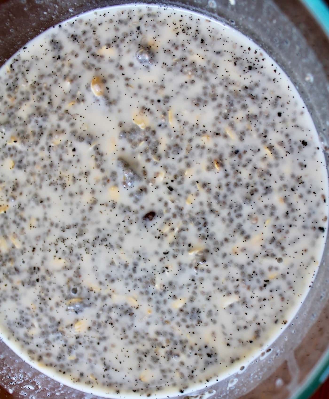 nutritarian chia pudding recipe in bowl ready to refrigerate.