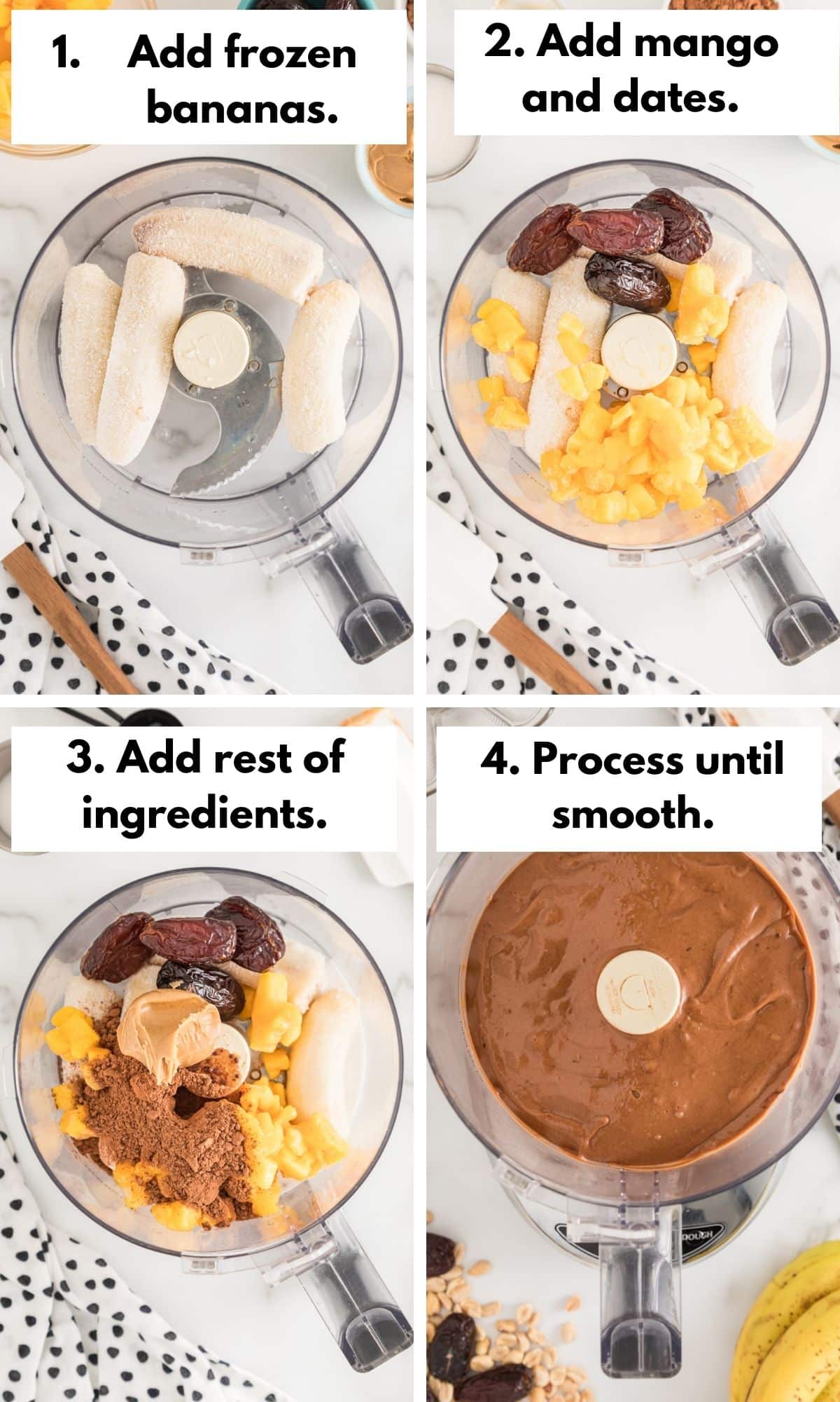 process photos for making sundae glasses with Chocolate Peanut Butter Banana Ice Cream.