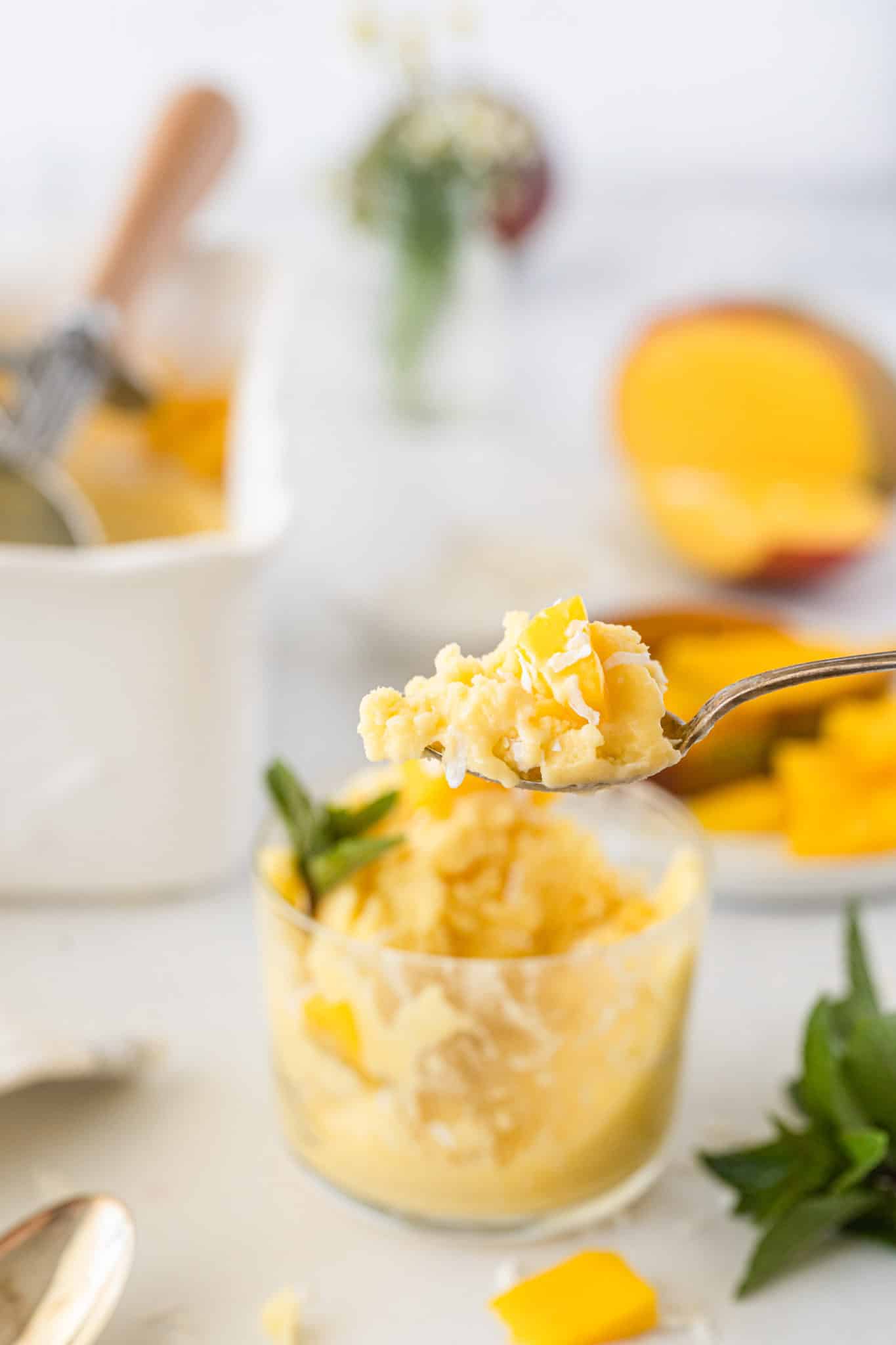 vegan mango ice cream bite shot.