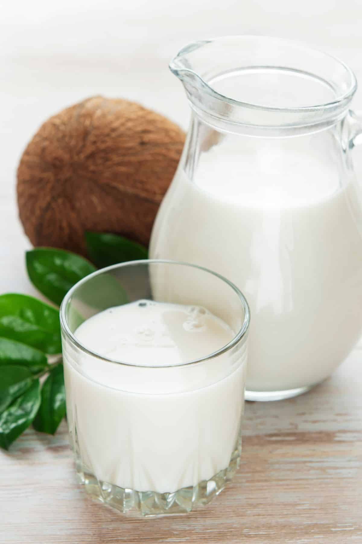 Glass of coconut milk with pitcher and whole coconut.