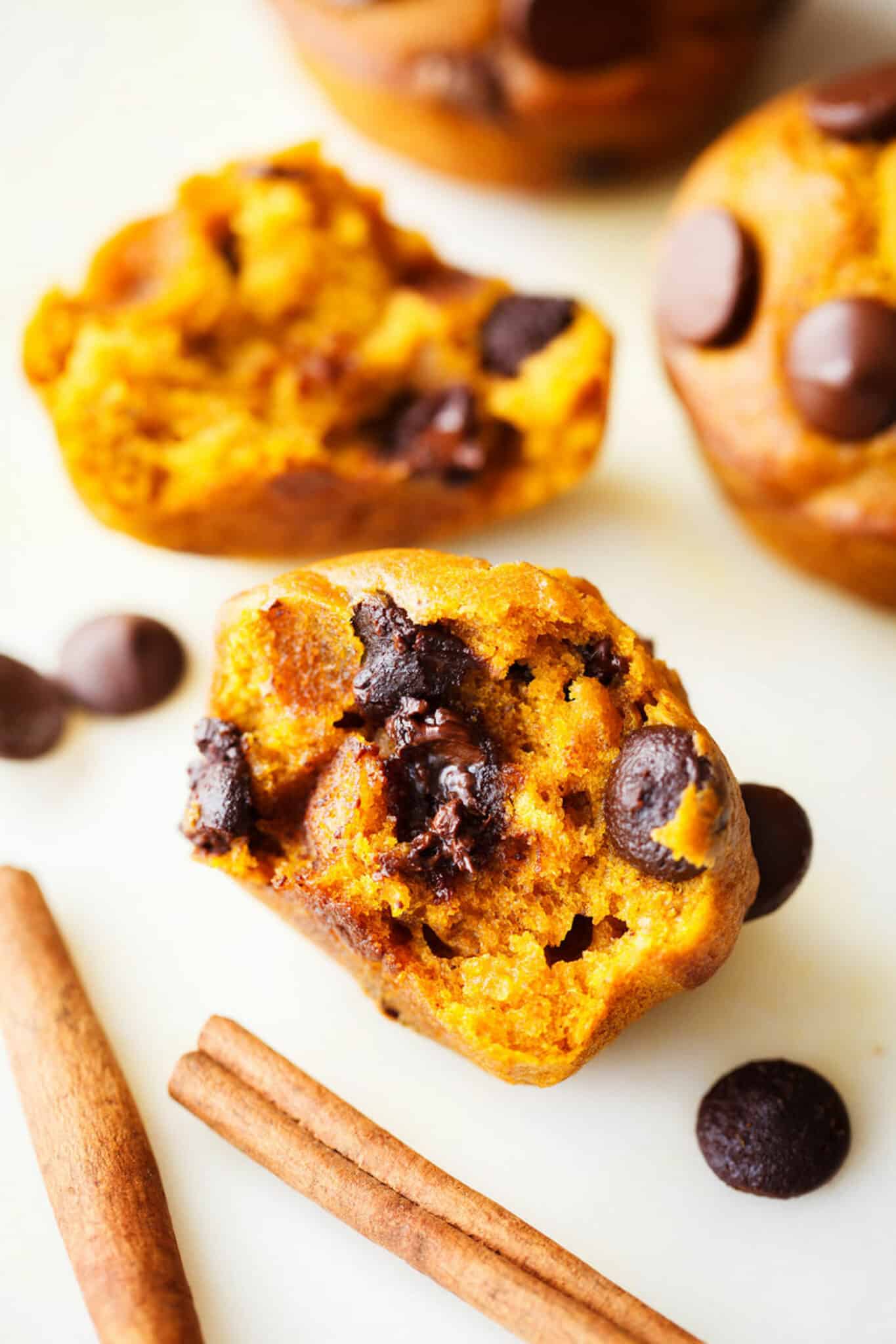 gluten free pumpkin muffins with chocolate chips cut in half.