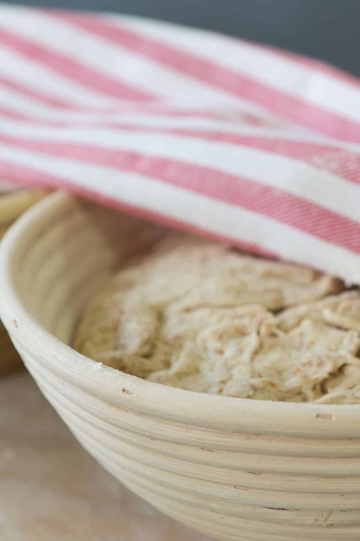 A ceramic bowl of shaggy bread dough ready to rise.