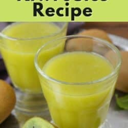 Two short glasses of freshly squeezed kiwi juice.