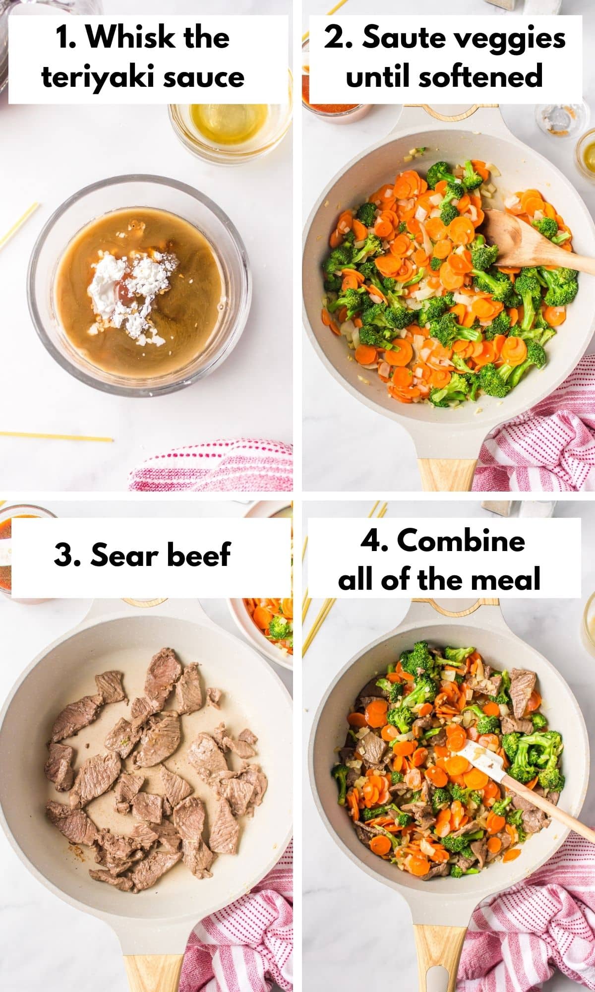 Photo collage of the steps to sauté teriyaki beef and vegetables.