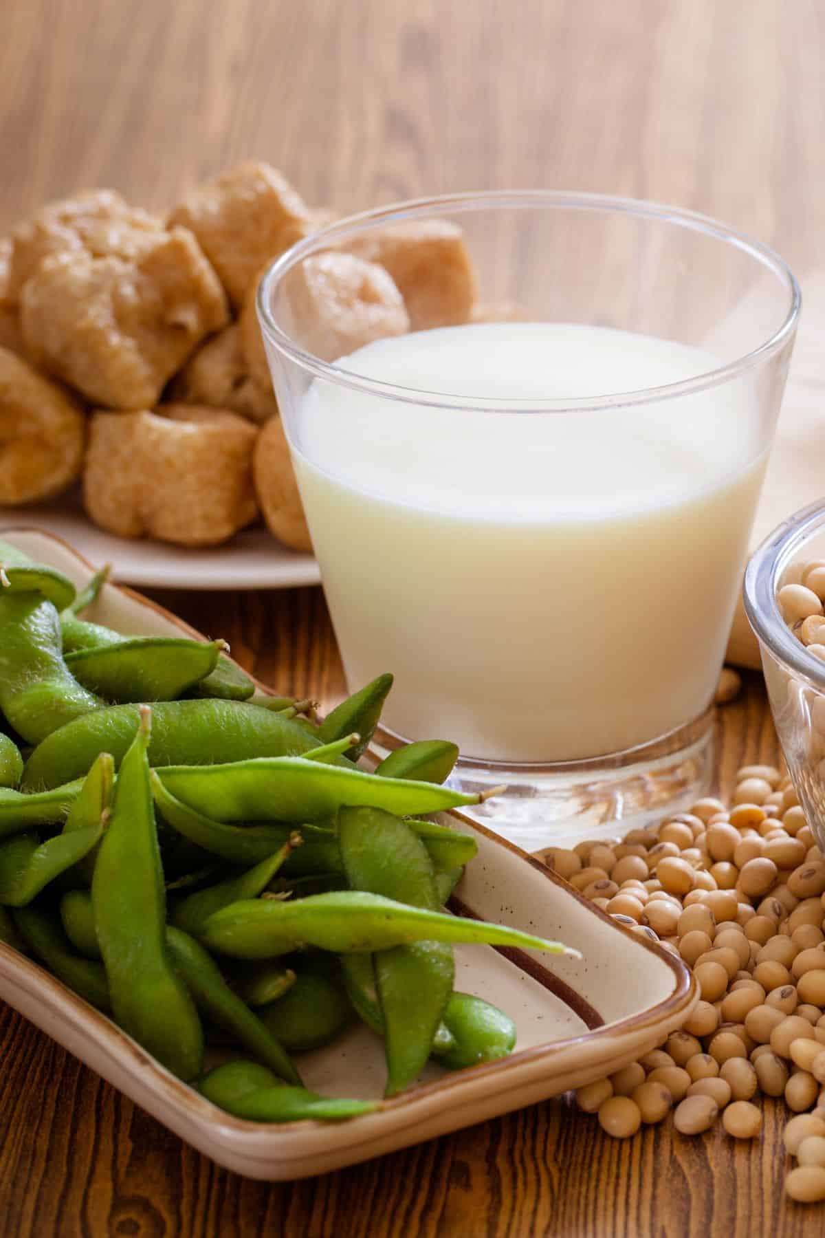 a variety of soy products on a table.
