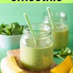 two weight loss green smoothies next to bananas and mango.