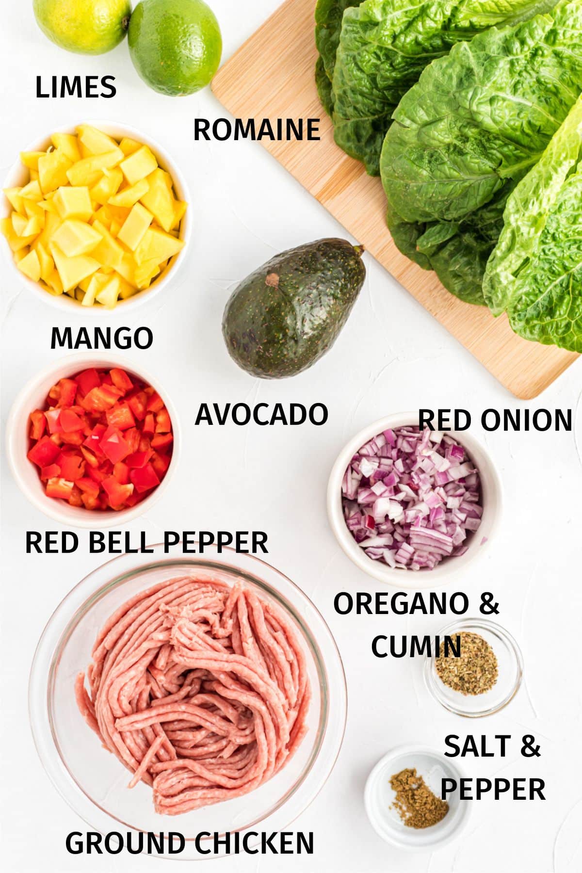 ingredients for chicken lettuce tacos with labels.