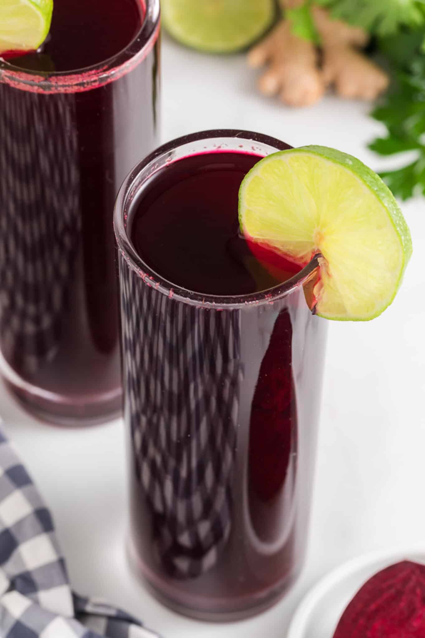 glass of dark red beet juice.