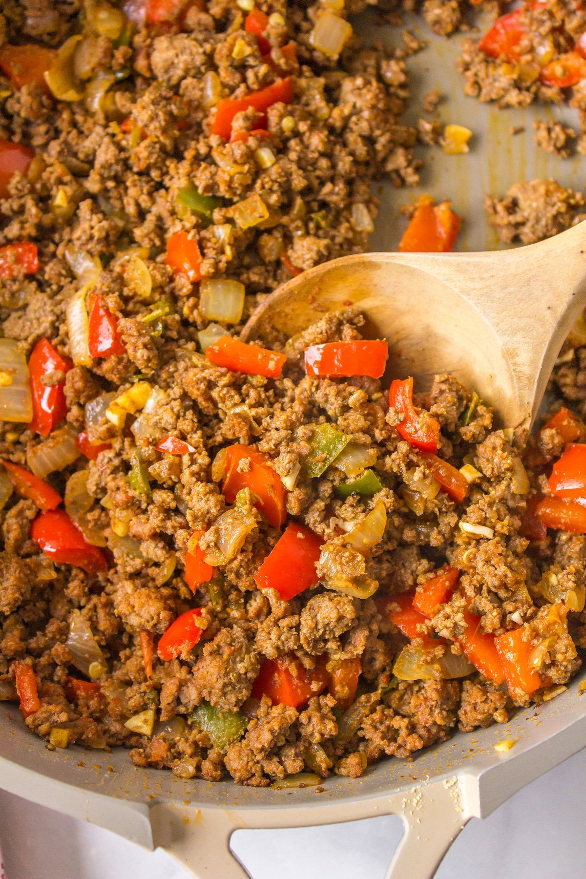 a close up of cooked ground bison meat.