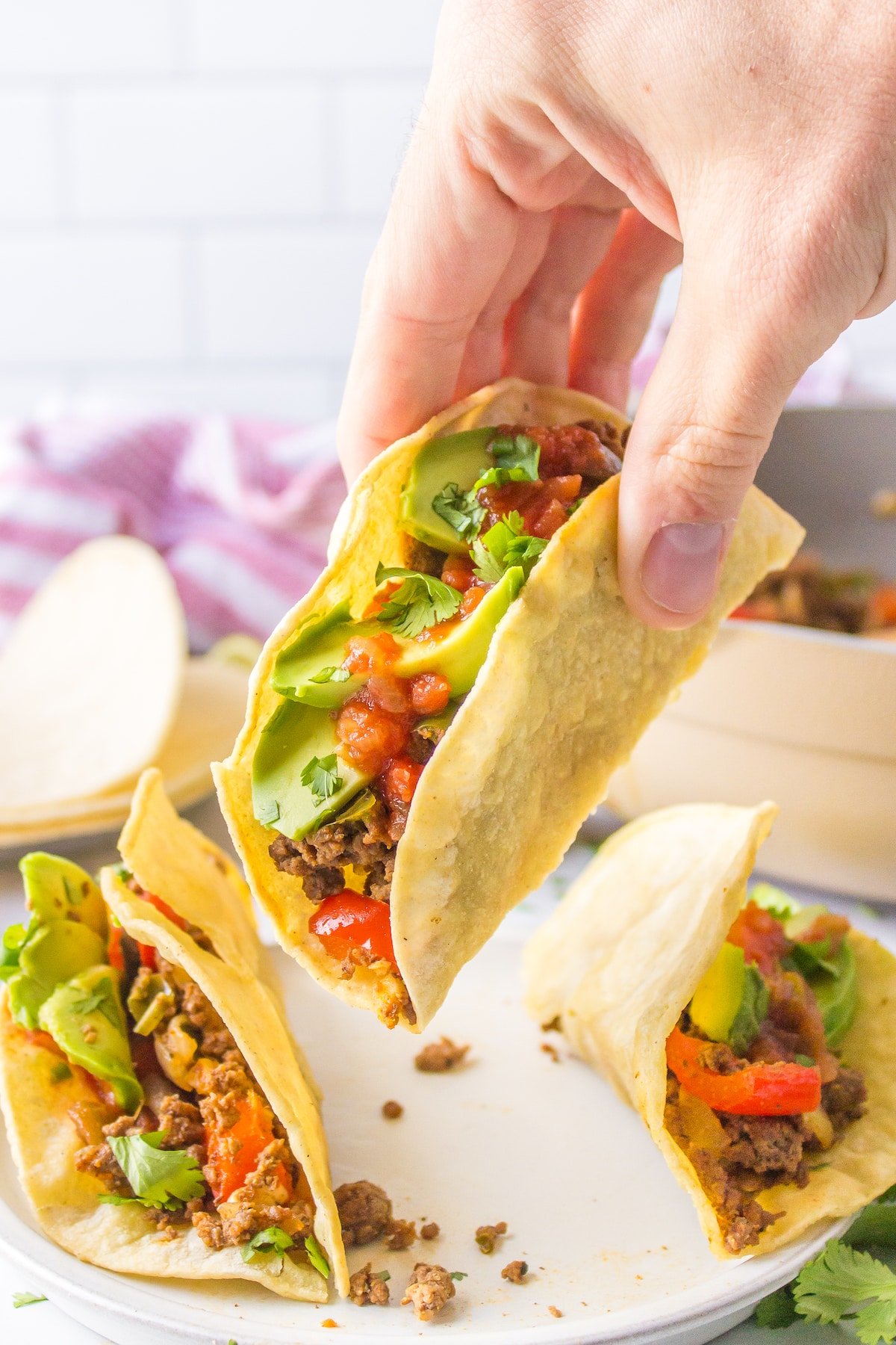 a person holding a bison taco up off of a plate.