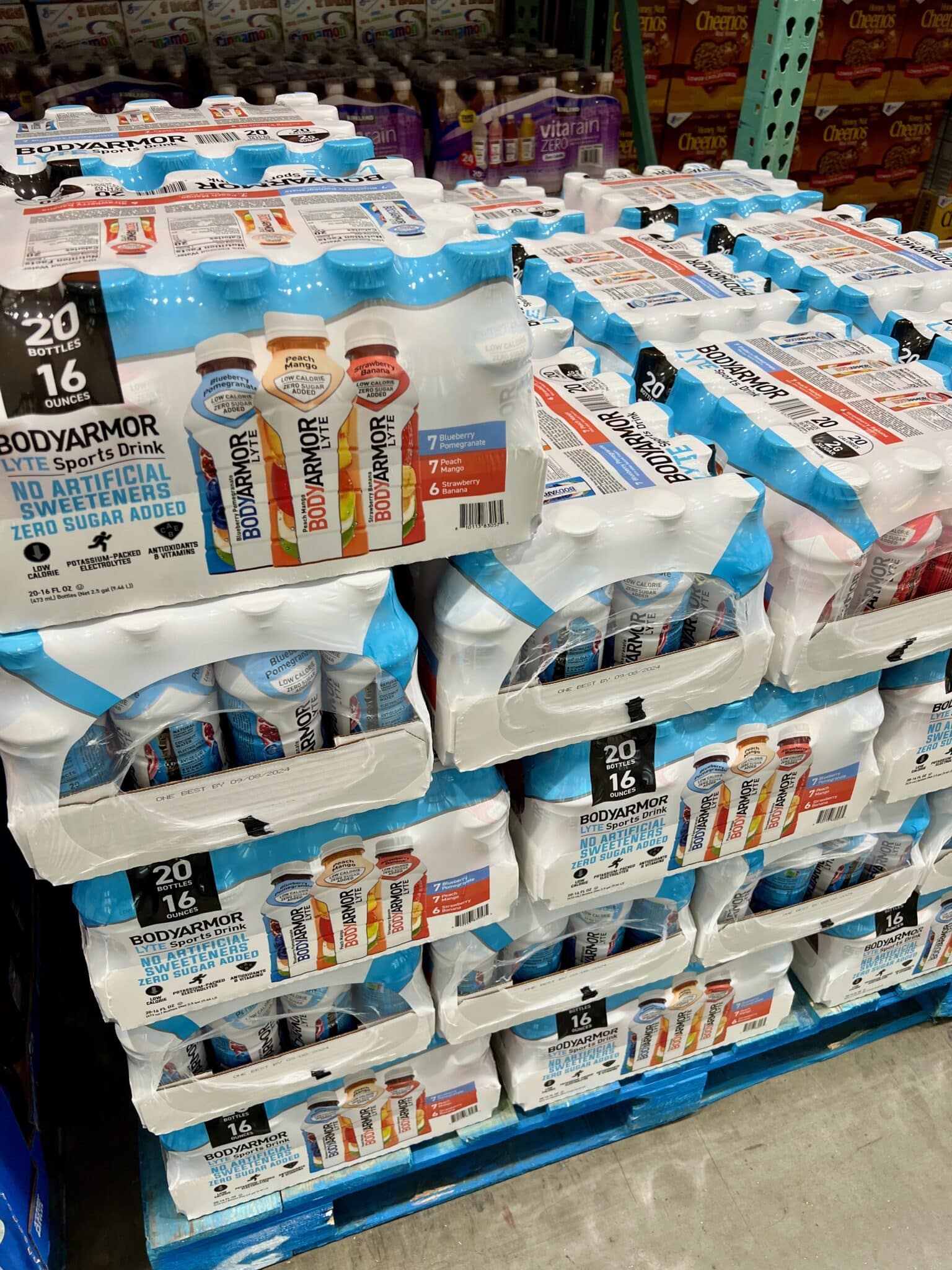 stacks of BODYARMOR lyte cases at Costco.
