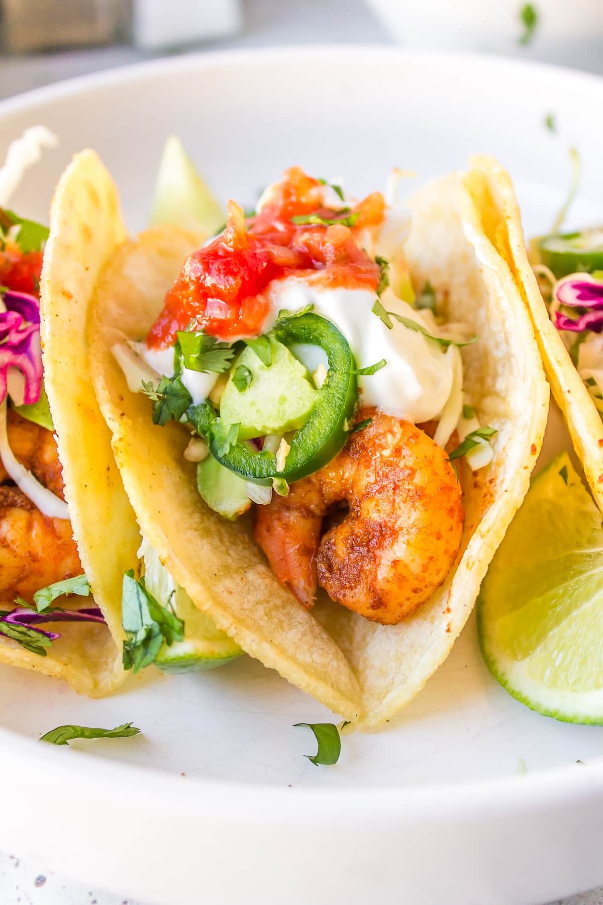 a close up shot of one baja shrimp taco.