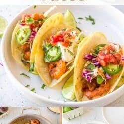 three baja shrimp tacos on a white plate.