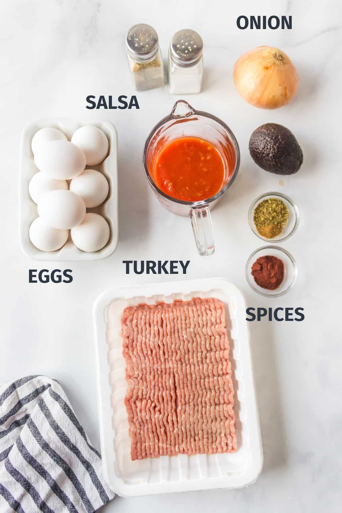 ingredients with labels for making dairy free egg turkey casserole.